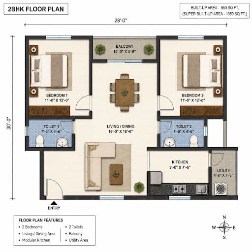 Sobha One World 2BHK Floor Plan